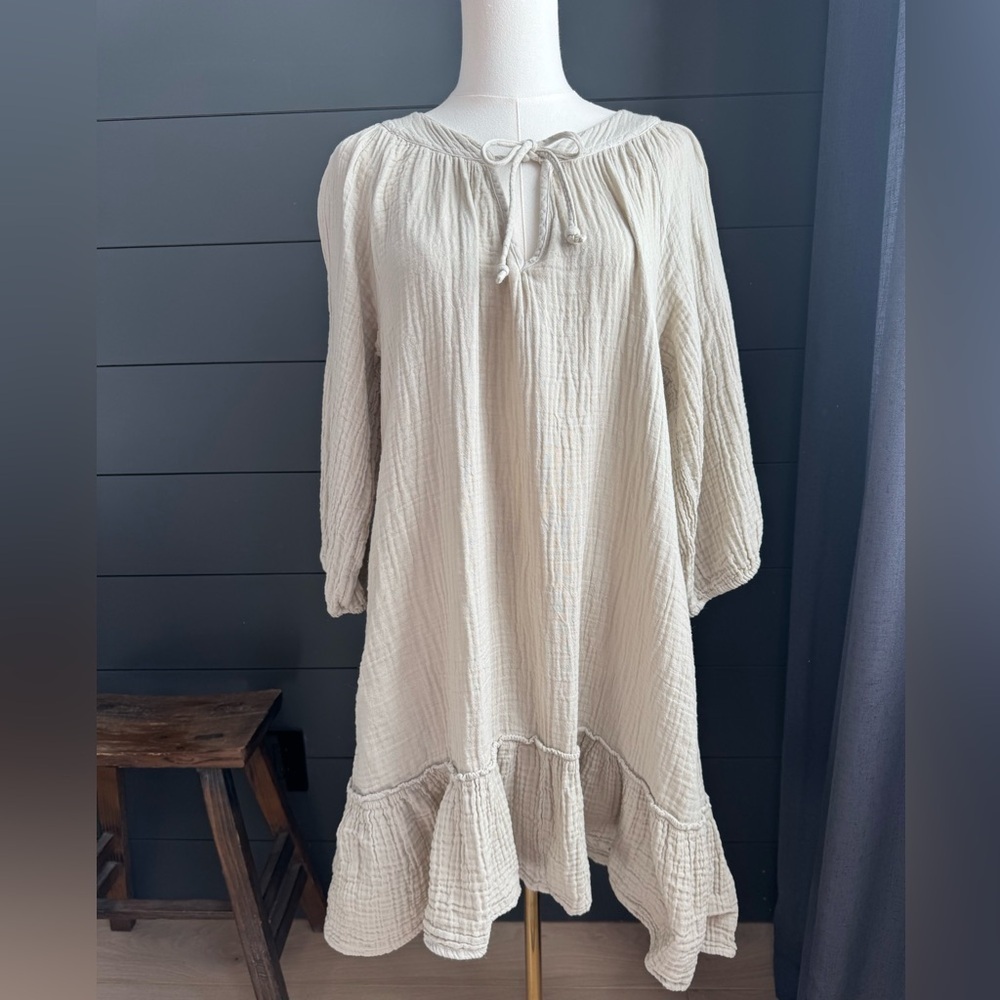 Light Beige Long-Sleeve Ruffle Hem Dress